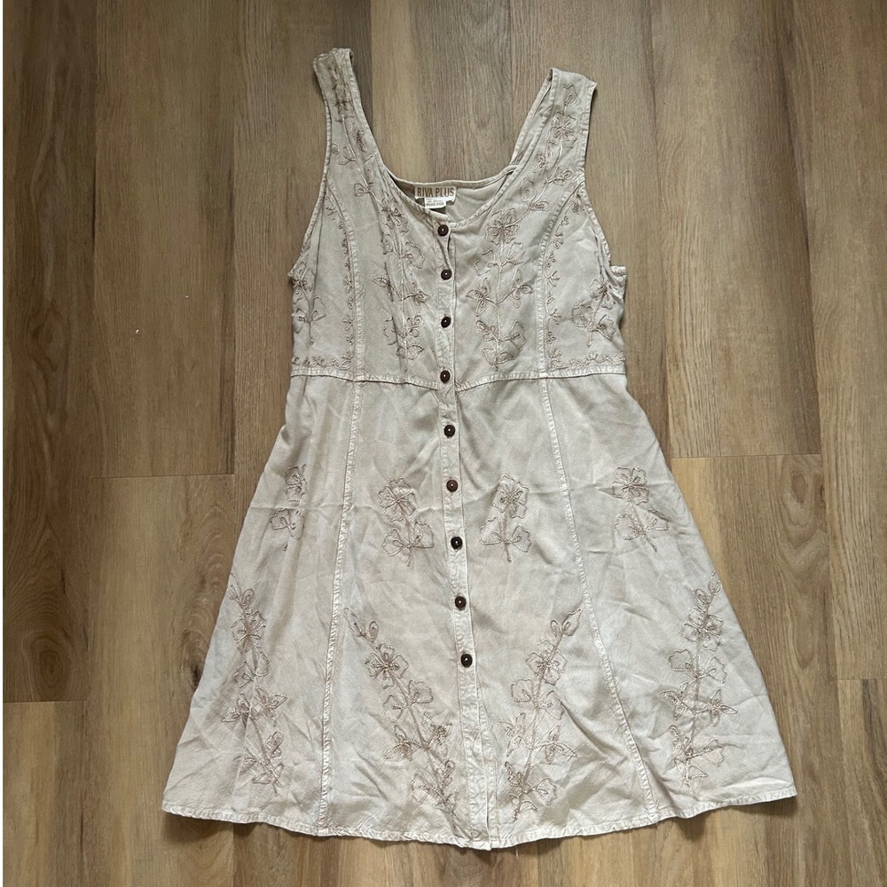 Vtg Boho Embroidered Button Front Tie Back Mini Dress Tan Beige plus size Hippy